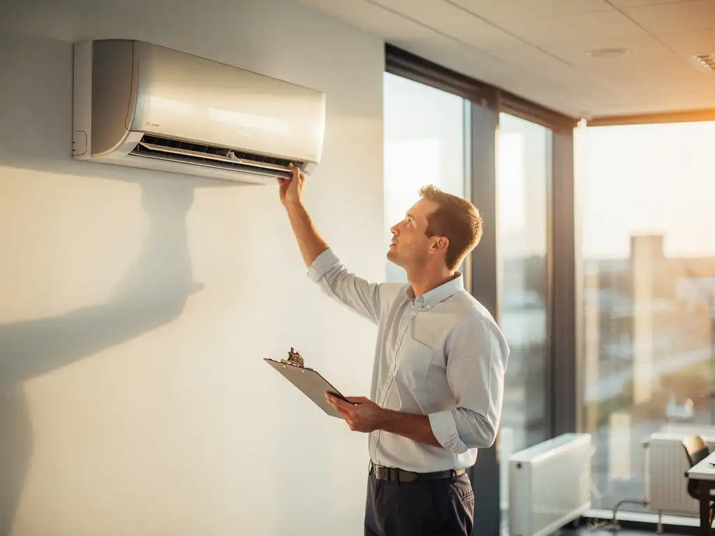 HVAC-monteur inspecteert wandgemonteerde split-unit airconditioning in licht Nederlands kantoor met grote ramen.