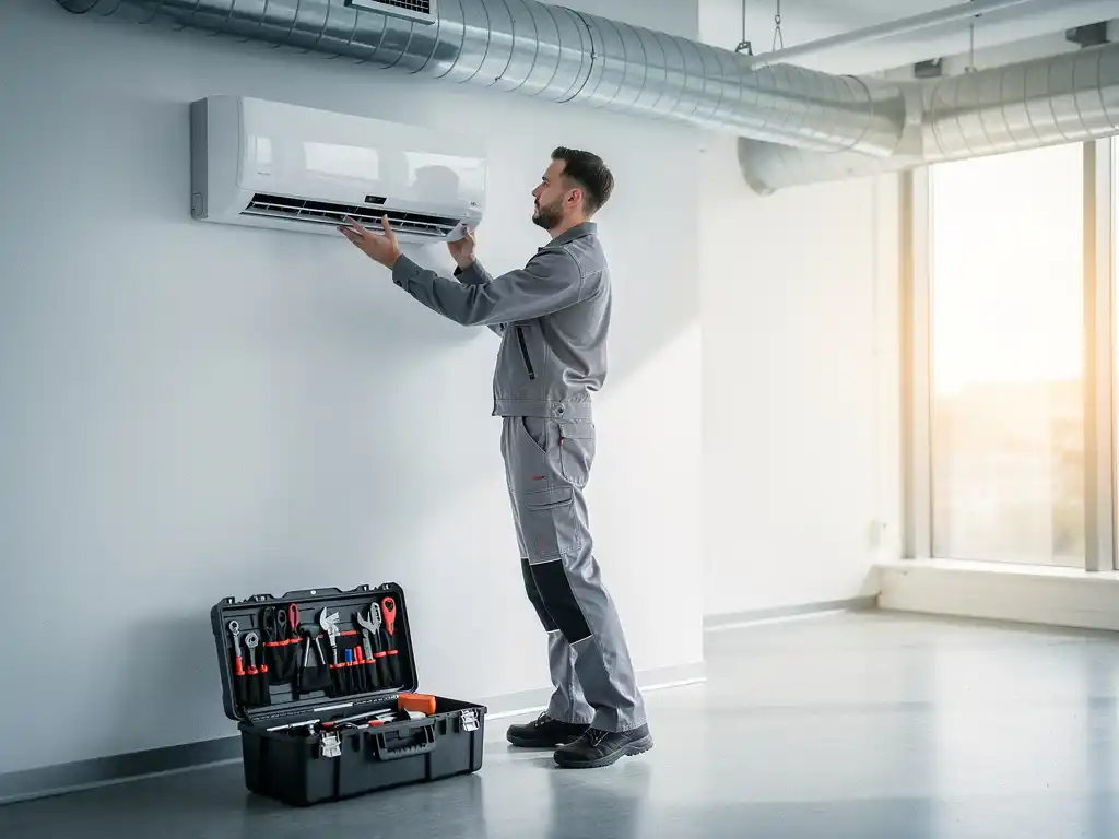 Technicus monteert moderne wandairconditioning in lichte kantoorruimte, gereedschapskist op de vloer, zichtbaar zilverkleurig leidingwerk.