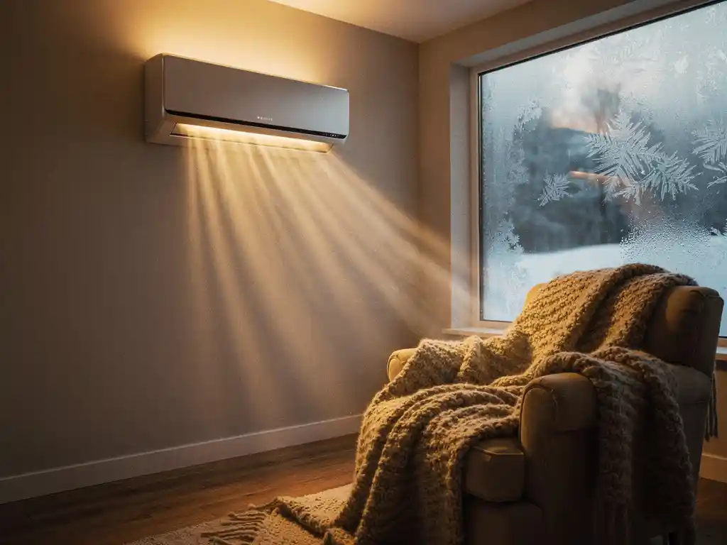 Wandgemonteerde airconditioning verwarmt woonkamer in de winter, rijp op raam, wollen deken op fauteuil, warm gouden licht.
