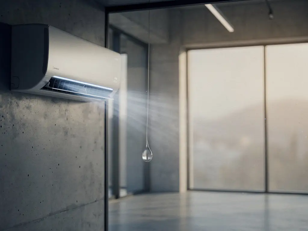 Wandgemonteerde airconditioning in bedrijfsruimte met condensdruppel op glasoppervlak en zacht blauwgrijs licht.