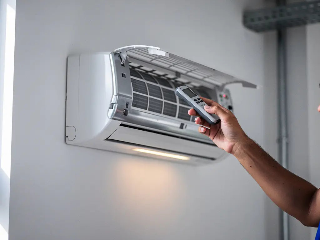 Technicus inspecteert filterpaneel van commerciële airconditioning op kantoorwand met professioneel gereedschap.