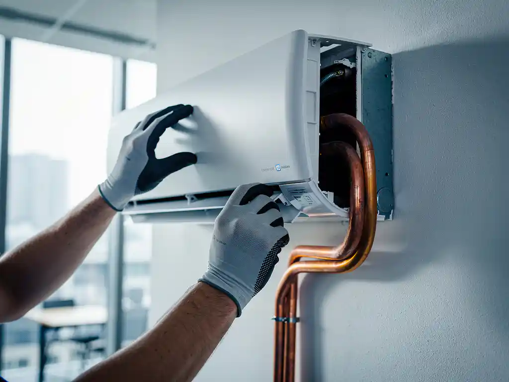 Technicus installeert witte airconditioningunit op lichtgrijze kantoorwand, met zichtbare koperen koelleidingen.