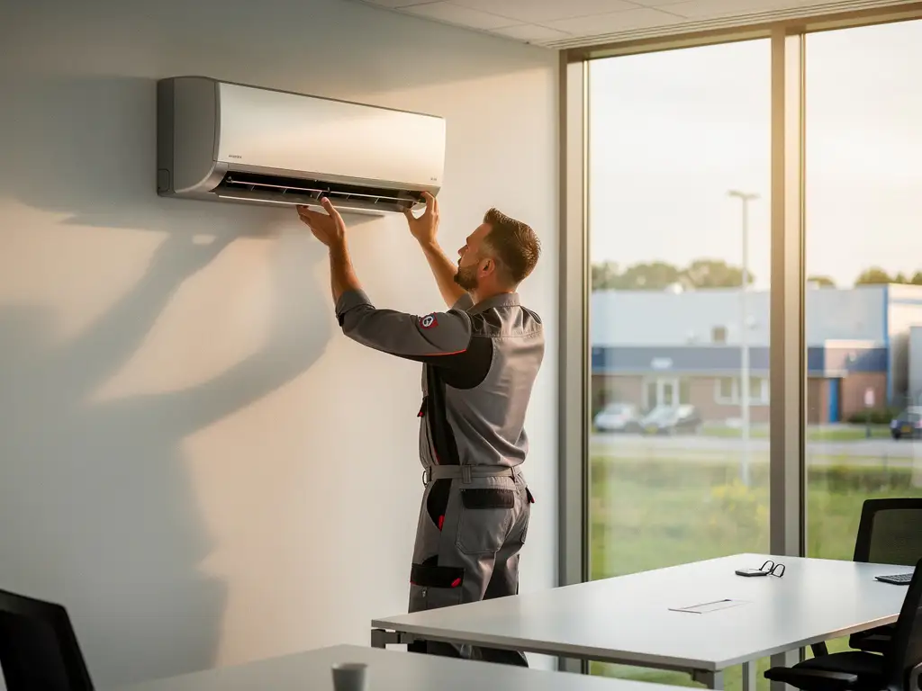 Technicus installeert wandmonteerde airconditioning in modern Nederlands kantoor met zonnig industriepark op de achtergrond.