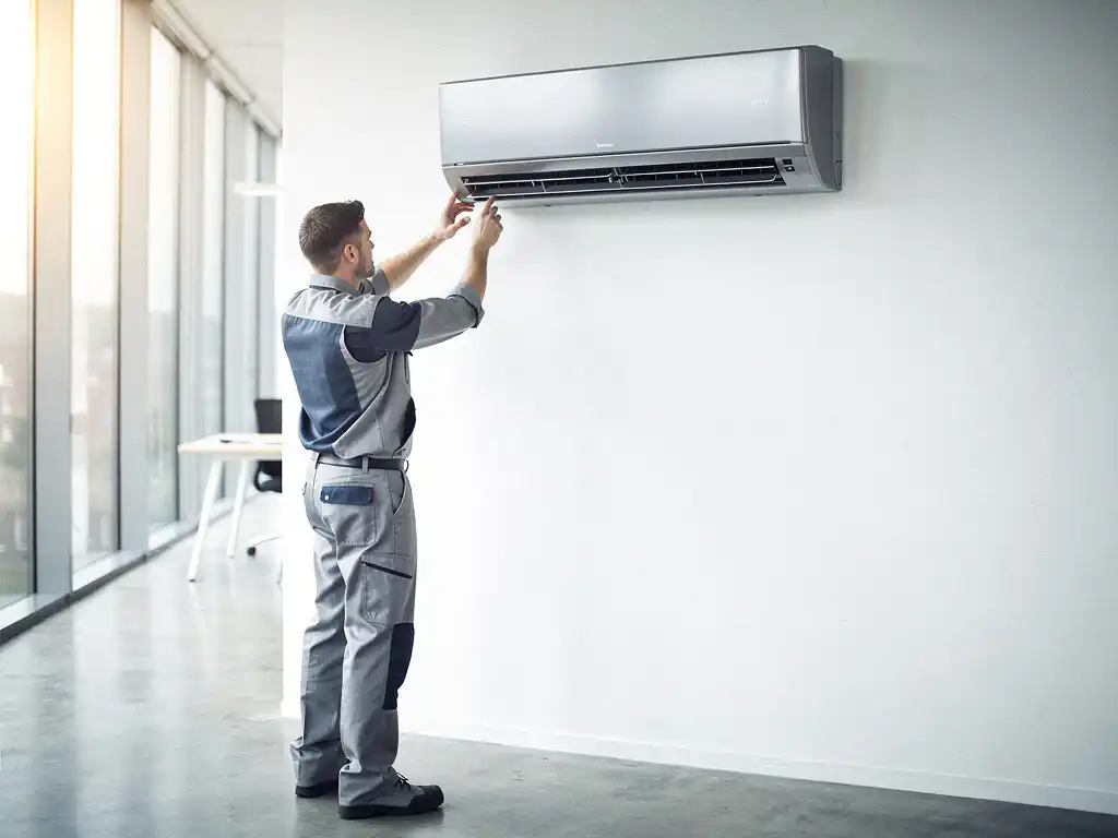 Technicus stelt grote wandgemonteerde airconditioning in op wit kantoor met betonvloer en grote ramen.