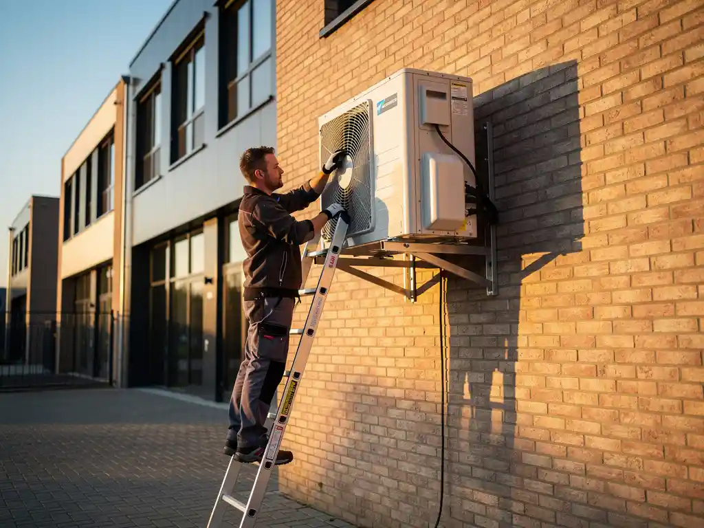 Technicus installeert professionele airconditioning op bakstenen buitenmuur van Nederlands bedrijfspand in zonlicht.
