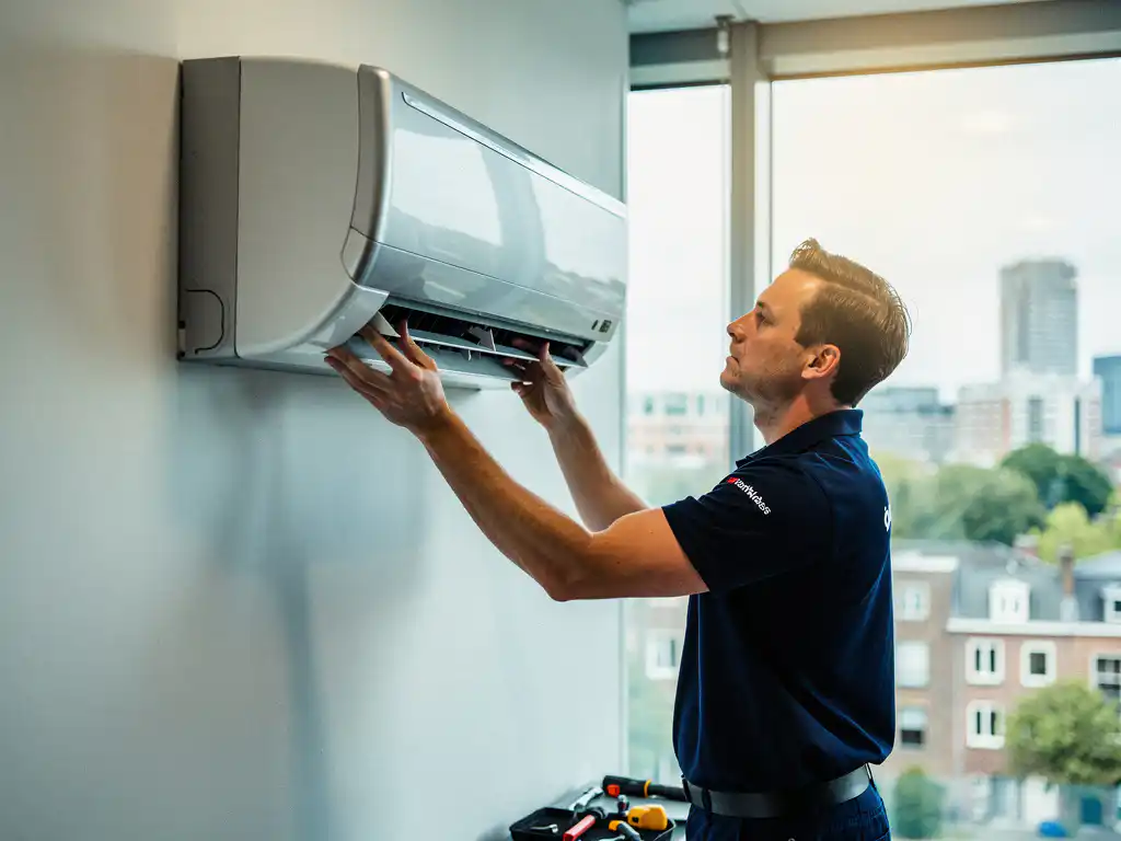 Technicus installeert professionele airconditioning op kantoorwand in Nijmegen met uitzicht op de stad.