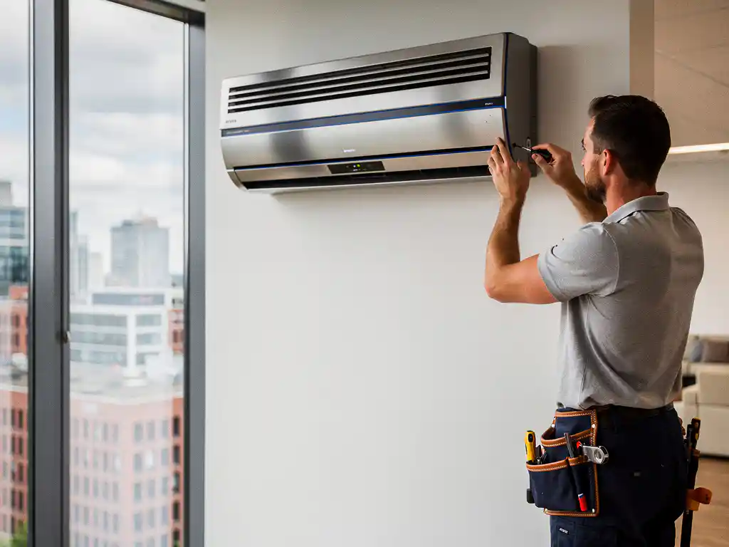 Technicus installeert professionele airconditioningunit op kantoorwand in Eindhoven met uitzicht op de skyline.