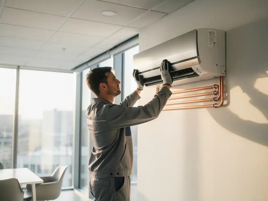 HVAC-monteur installeert wandmagnetische airconditioning in modern kantoor met koperen koelleidingen langs de muur.
