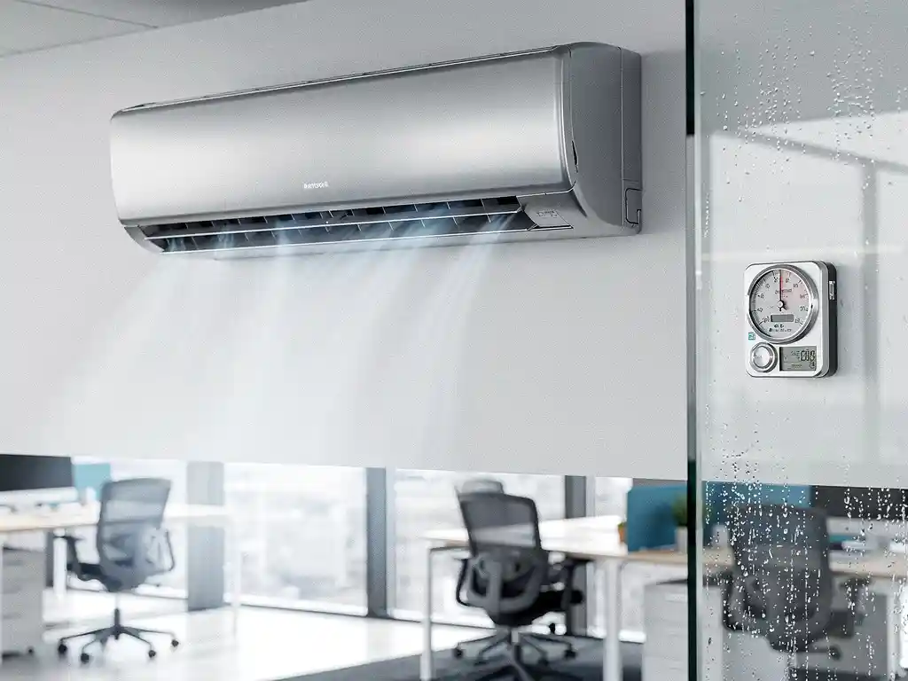Wandgemonteerde commerciële airconditioning boven een modern open kantoor met energiemeter op de muur en condensatie op glazen tussenwand.
