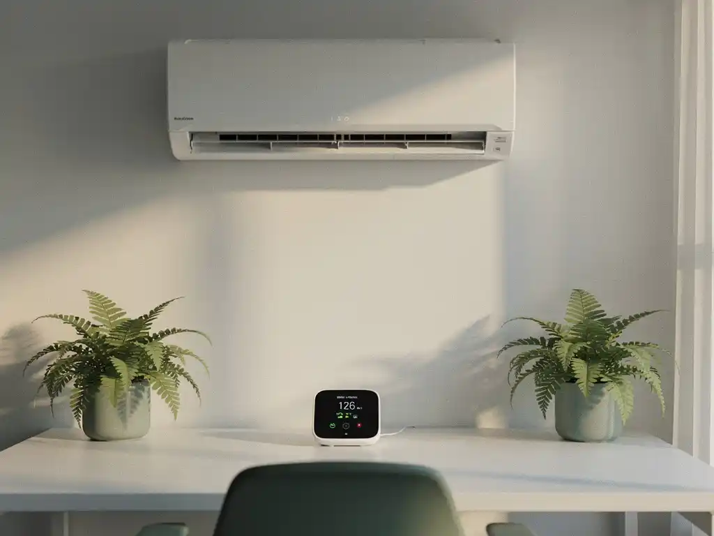 Wandgemonteerde airconditioning boven een modern bureau met luchtkwaliteitsmonitor en kamerplanten in een licht kantoor.