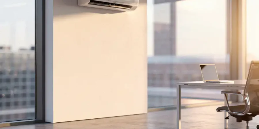 Wandgemonteerde airconditioning in modern Nederlands kantoor met betonnen vloer, zonlicht door grote ramen en laptop op bureau.
