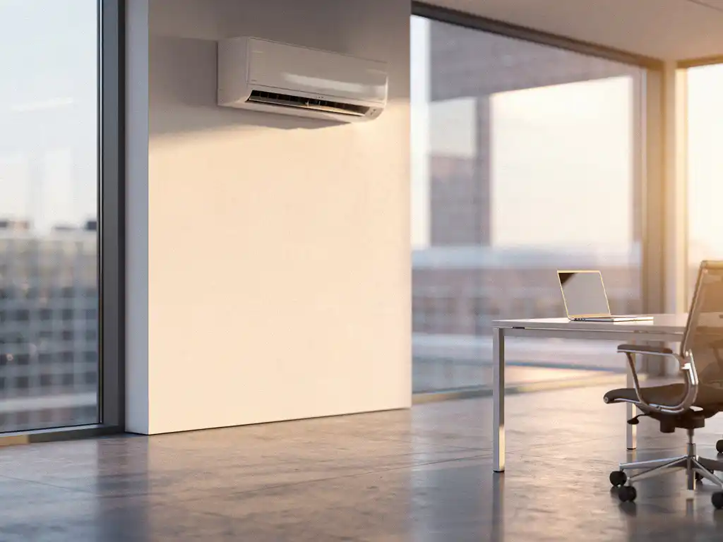 Wandgemonteerde airconditioning in modern Nederlands kantoor met betonnen vloer, zonlicht door grote ramen en laptop op bureau.