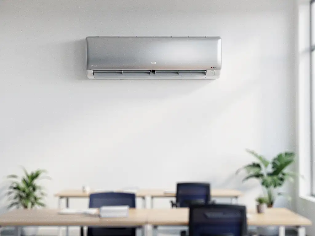 Wandgemonteerde commerciële split-airco op witte kantoorwand boven een modern open werkruimte met bureaus en planten.