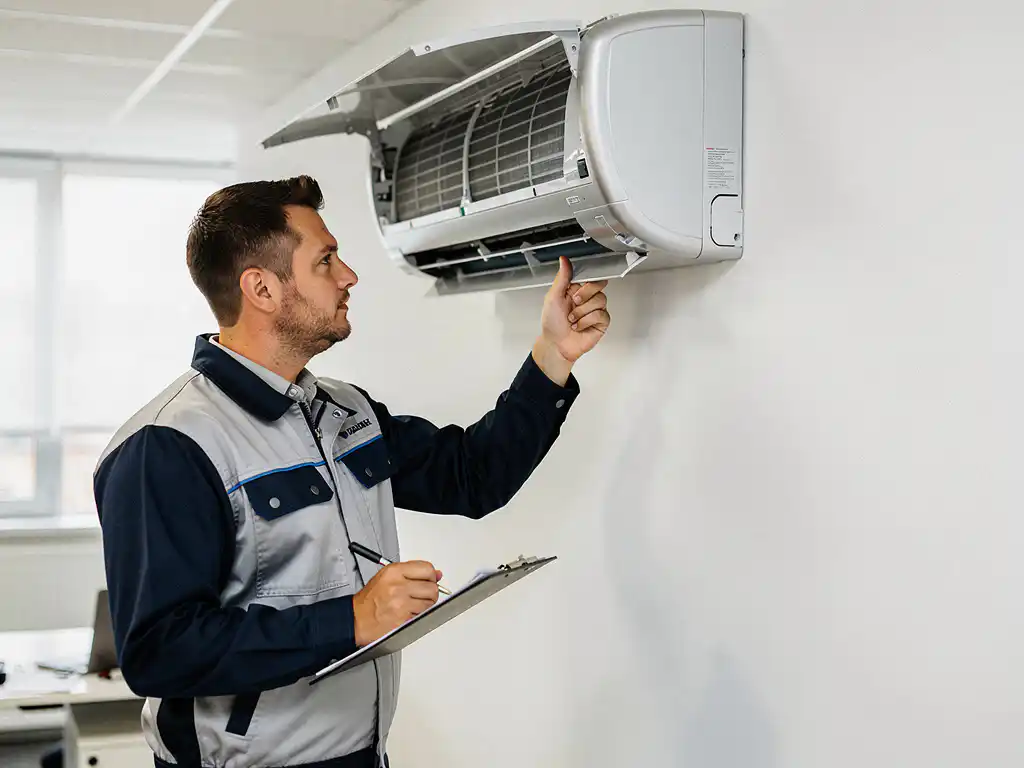 HVAC-monteur in uniform inspecteert commerciële airconditioning op kantoorwand met klembord in hand.