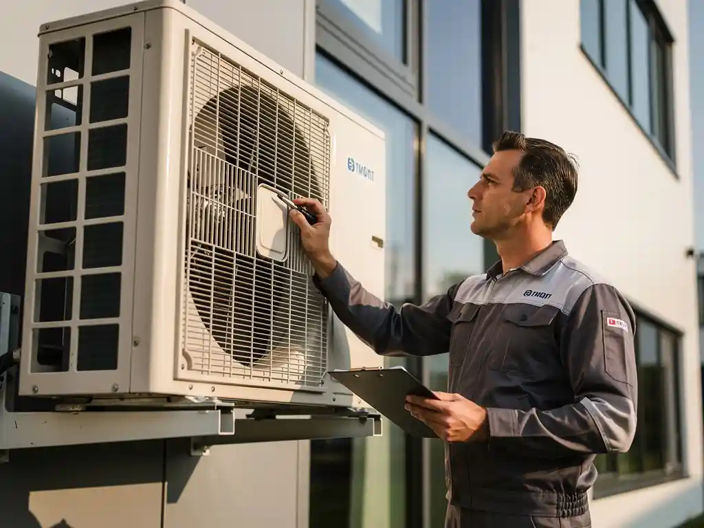 HVAC-monteur inspecteert commerciële airconditioning-unit op kantoorgebouw met klembord in hand, moderne Nederlandse architectuur op achtergrond.