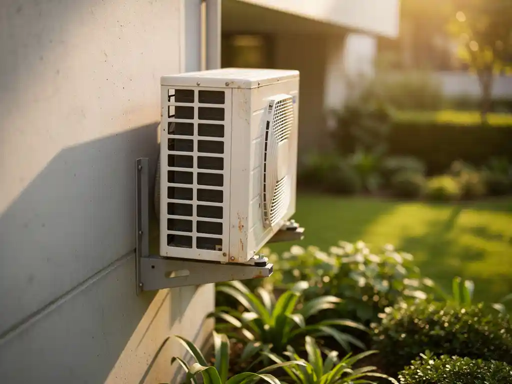 Commerciële airconditioning-unit op buitenmuur van modern kantoorgebouw, licht verouderd maar goed onderhouden, met groen binnenplein op achtergrond.