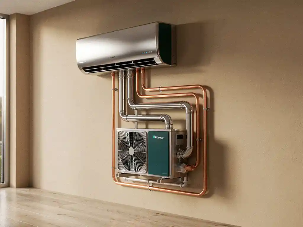 Wandgemonteerde airconditioning naast koperen leidingen en warmtepomp in commercieel interieur met neutrale tinten.