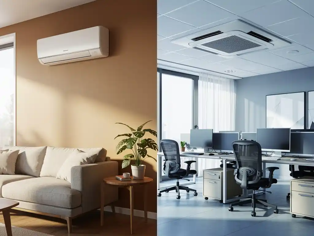 Wandmontage airconditioning in woonkamer naast plafondcassette unit in open kantoorruimte, daglicht door ramen.