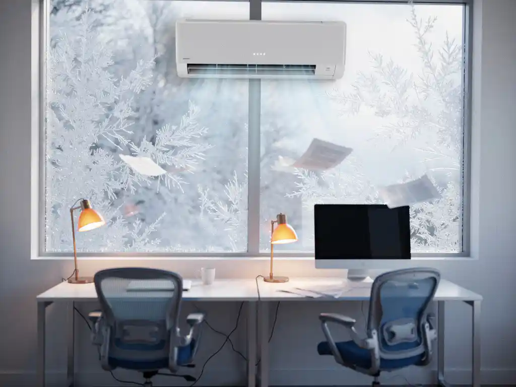 Wandgemonteerde airconditioning koelt modern kantoor, condens op groot raam, papieren waaien op in koele luchtstroom.