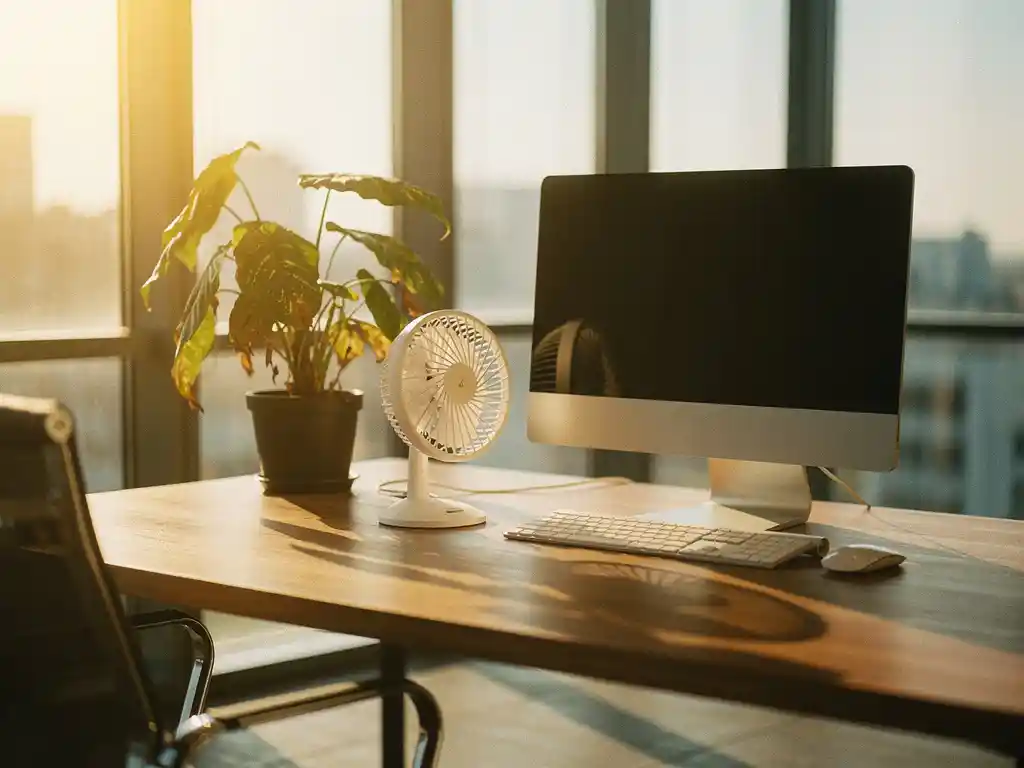 Bureauventilator op houten bureau naast verwelkte plant in oververhit modern kantoor met zomers zonlicht.