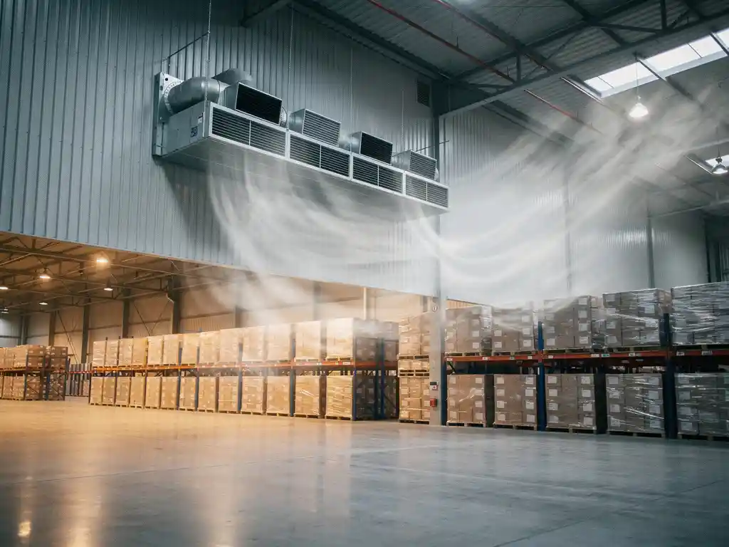 Industriële luchtbehandelingsunit op gecorругeerde metalen wand in magazijn met palletrekken en betonnen vloer.