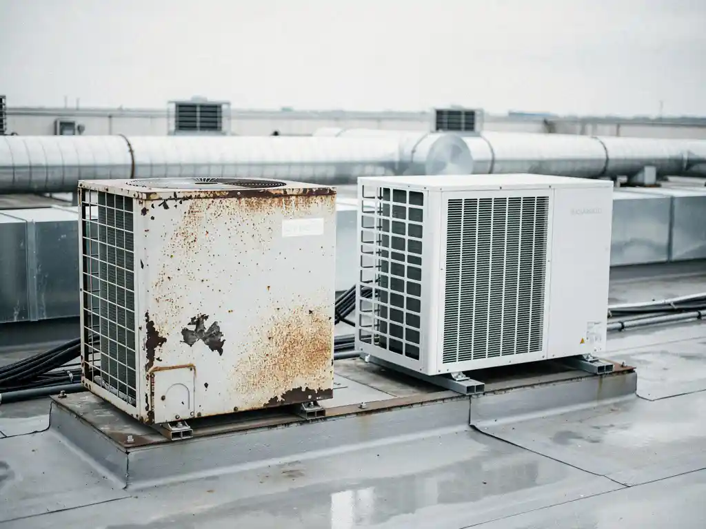 Verouderde commerciële dakairco naast een nieuw energiezuinig vervangingsmodel op een plat industriedak, roest en slijtage zichtbaar op het oude toestel.