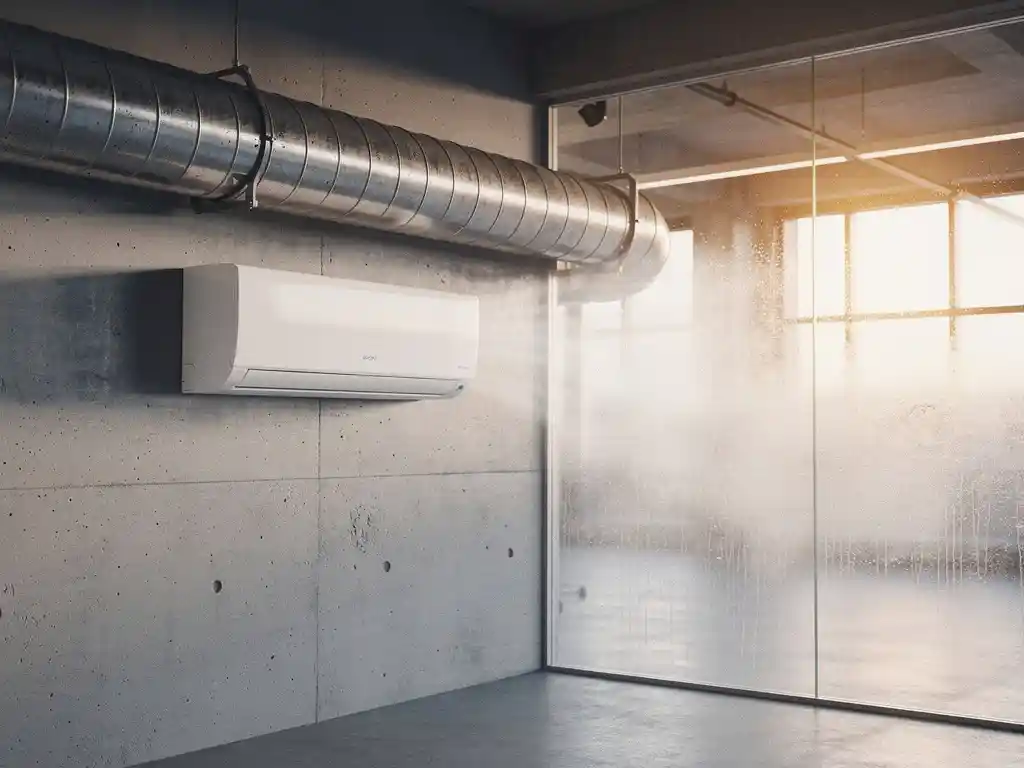 Industrieel ventilatieklep naast wandairco op betonnen muur, met condensatie op glazen wand en warm middaglicht.