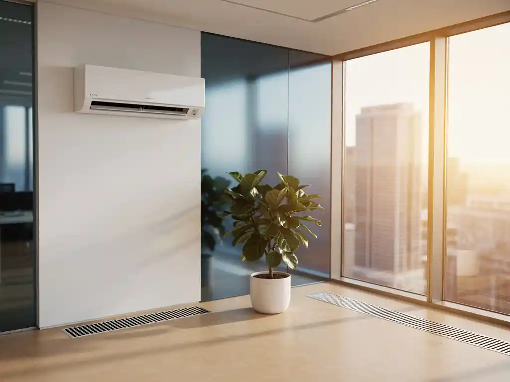 Moderne kantoorruimte met wandairco en vloerverwarming, overgoten door middagzon via grote ramen, met potplant op voorgrond.