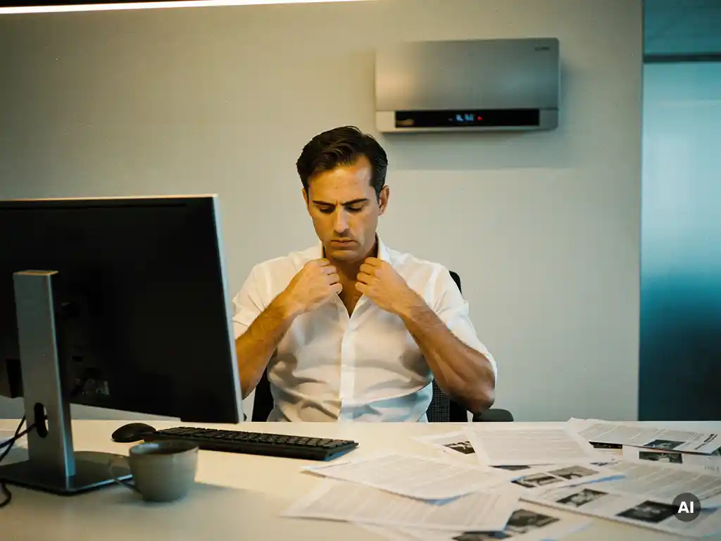 Kantoormedewerker die kraag losknoop bij warm bureau, met airco aan muur en verstrooide papieren op de achtergrond.