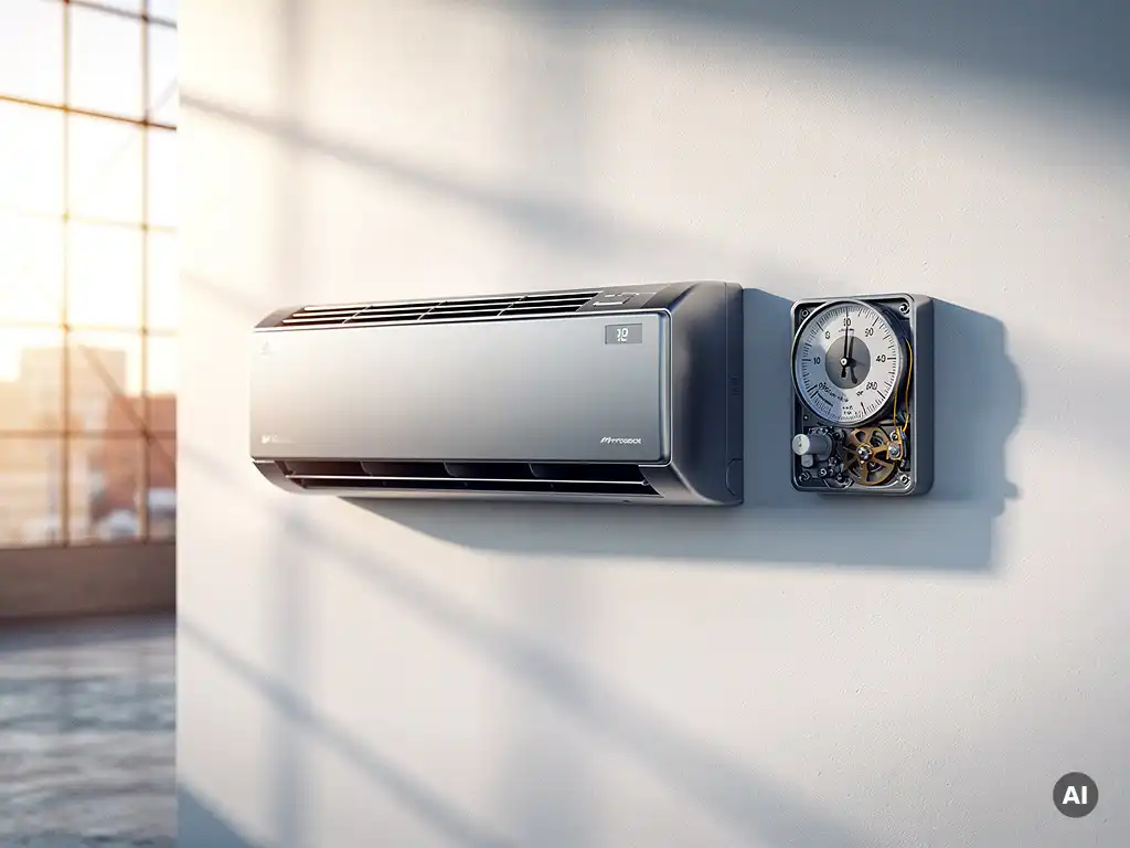 Moderne klimaatregelunit op witte commerciële muur met energiemeter, zacht middaglicht door industriële ramen.