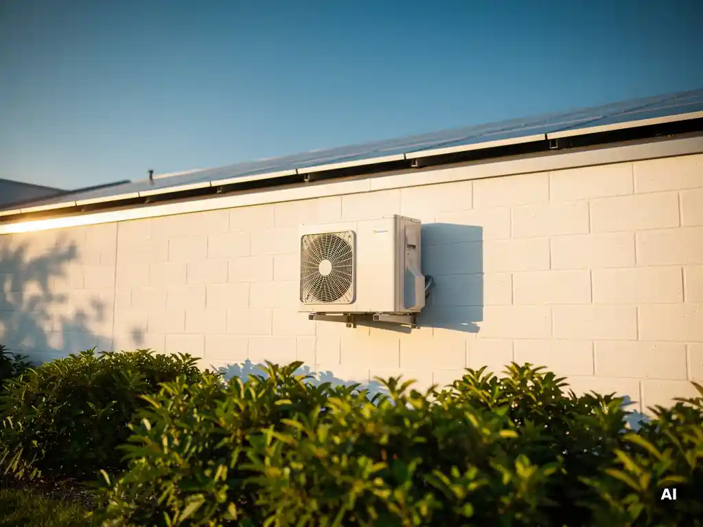 Warmtepomp aan de gevel van een Nederlands bedrijfspand, omgeven door groen struikgewas met zonnepanelen op het dak.
