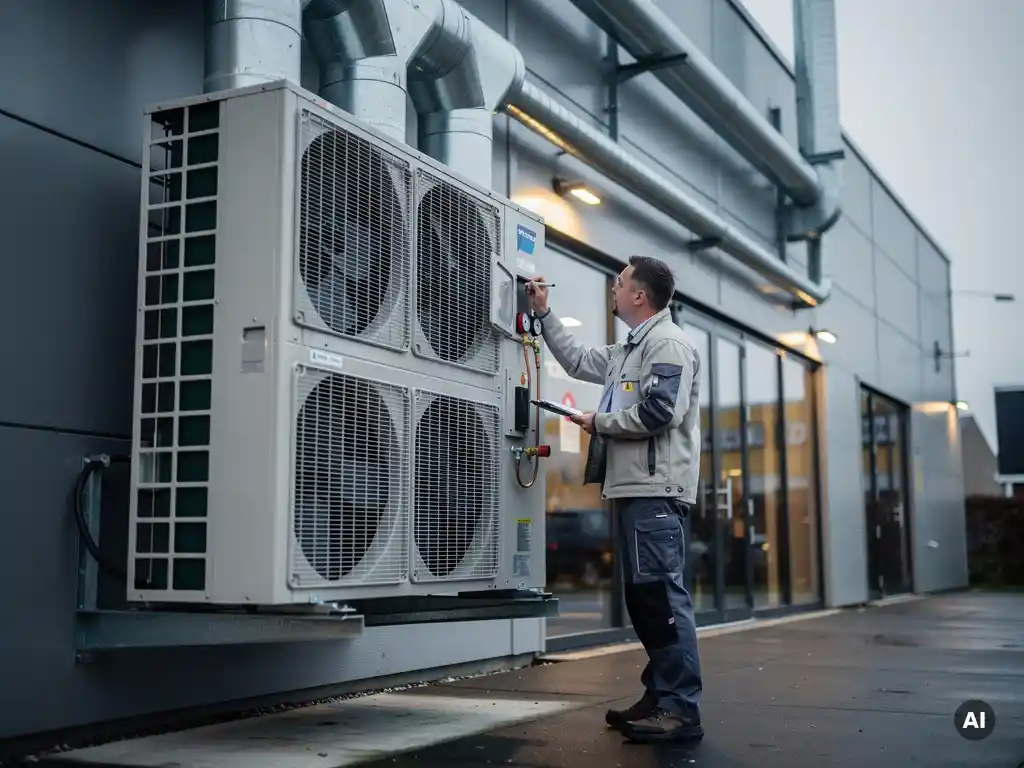 HVAC-monteur inspecteert commerciële warmtepomp op buitenmuur van Nederlands bedrijfspand, klembord in hand, ventilatieslangen zichtbaar.