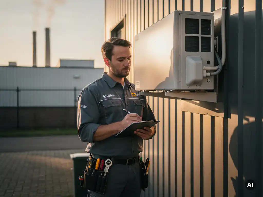 HVAC-monteur inspecteert warmtepomp op buitengevel van commercieel gebouw in Noord-Brabant, klembord in hand.