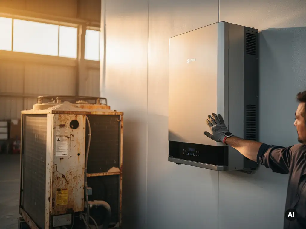 Technicus installeert moderne warmtepomp naast verouderd HVAC-systeem met roestplekken, warm middaglicht in magazijn.