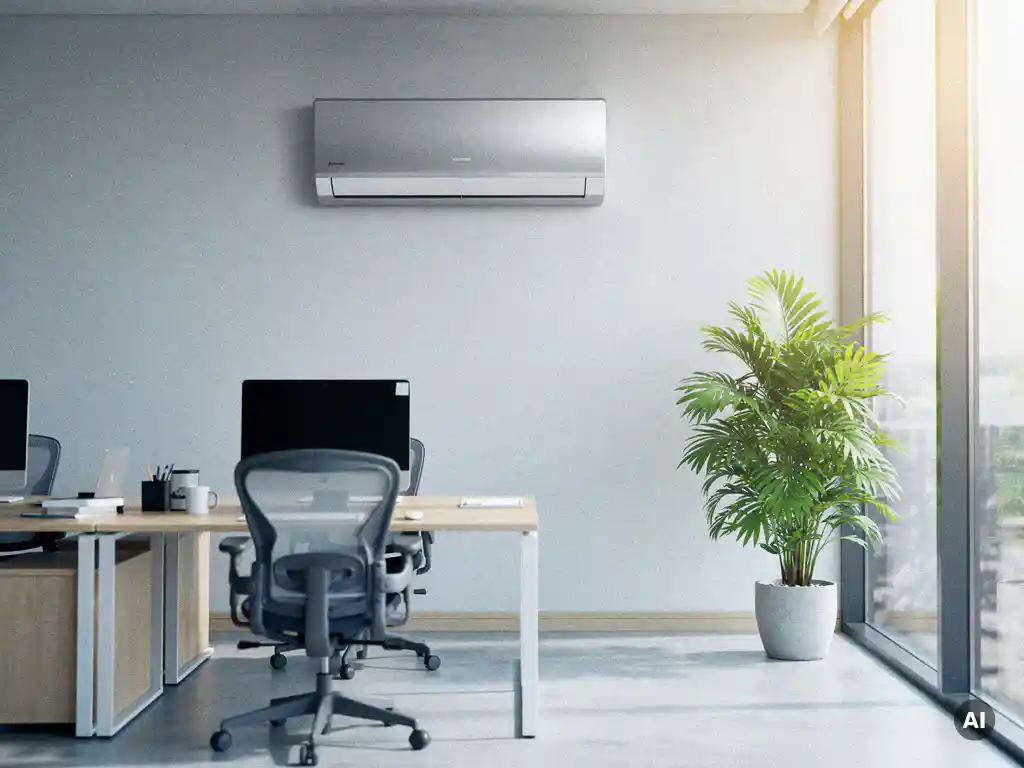 Wandgemonteerde warmtepomp in modern open kantoor met houten accenten, groene plant en groot raam met natuurlijk licht.