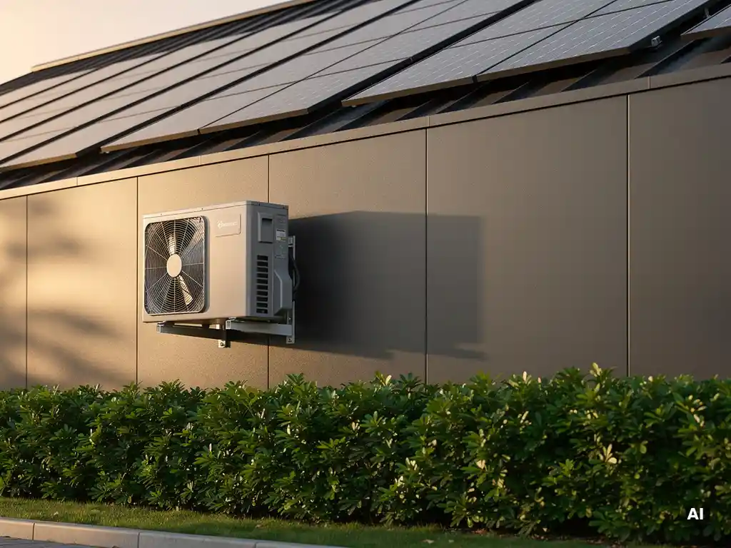 Warmtepomp aan de gevel van een modern Nederlands bedrijfspand met zonnepanelen op het dak en groene hagen, gefotografeerd in zacht middaglicht.