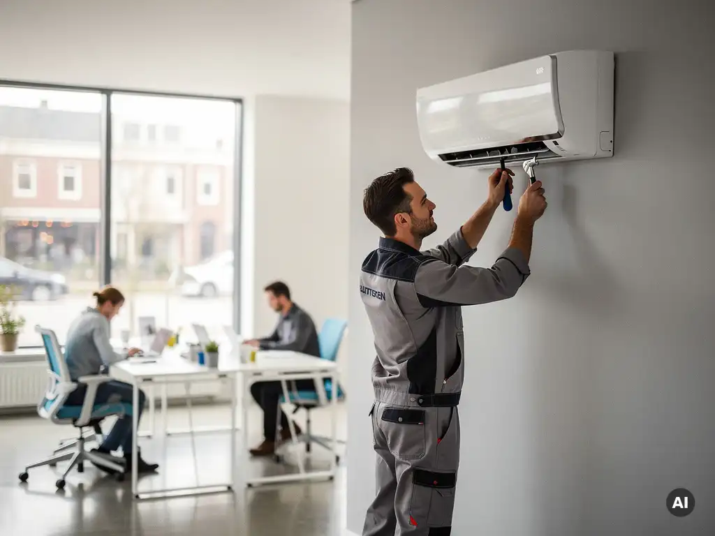 Technicus installeert een wandmontage airconditioning in een modern Nederlands kantoor met collega's op de achtergrond.
