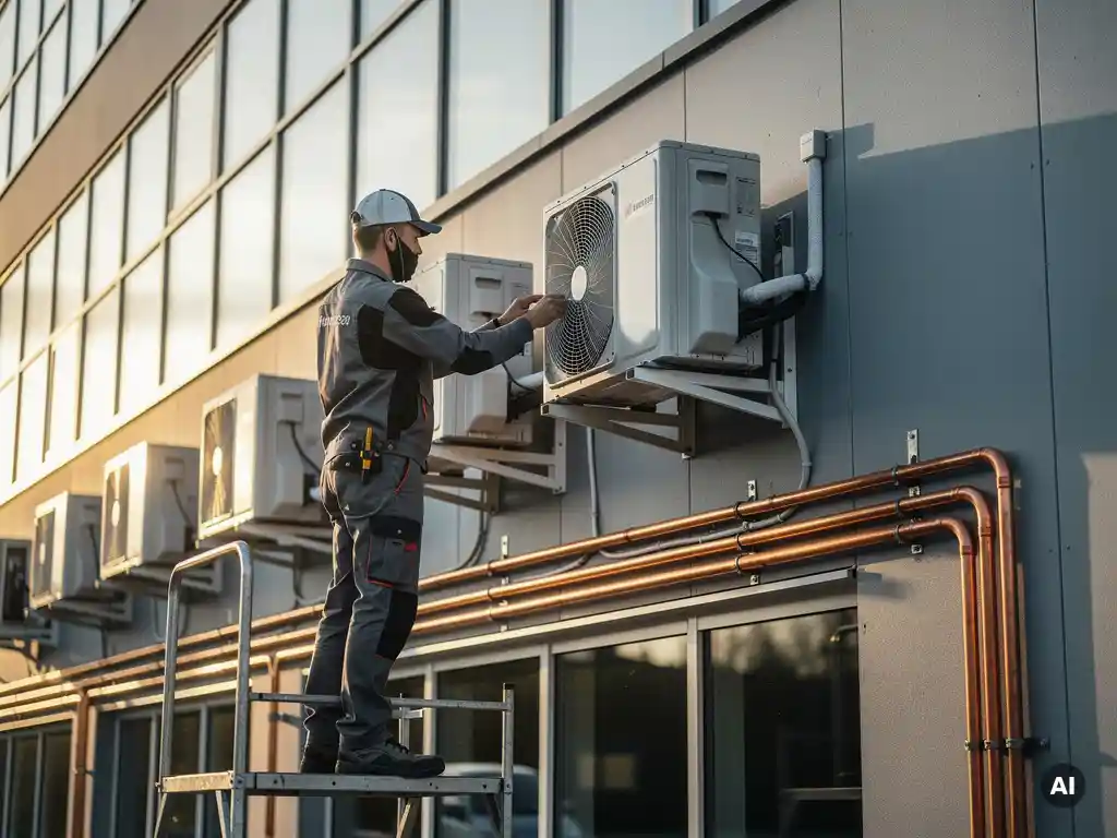 HVAC-monteur installeert wandunit van een multi-split airconditioning aan gevel van Nederlands kantoorgebouw, koperen koelleidingen zichtbaar.